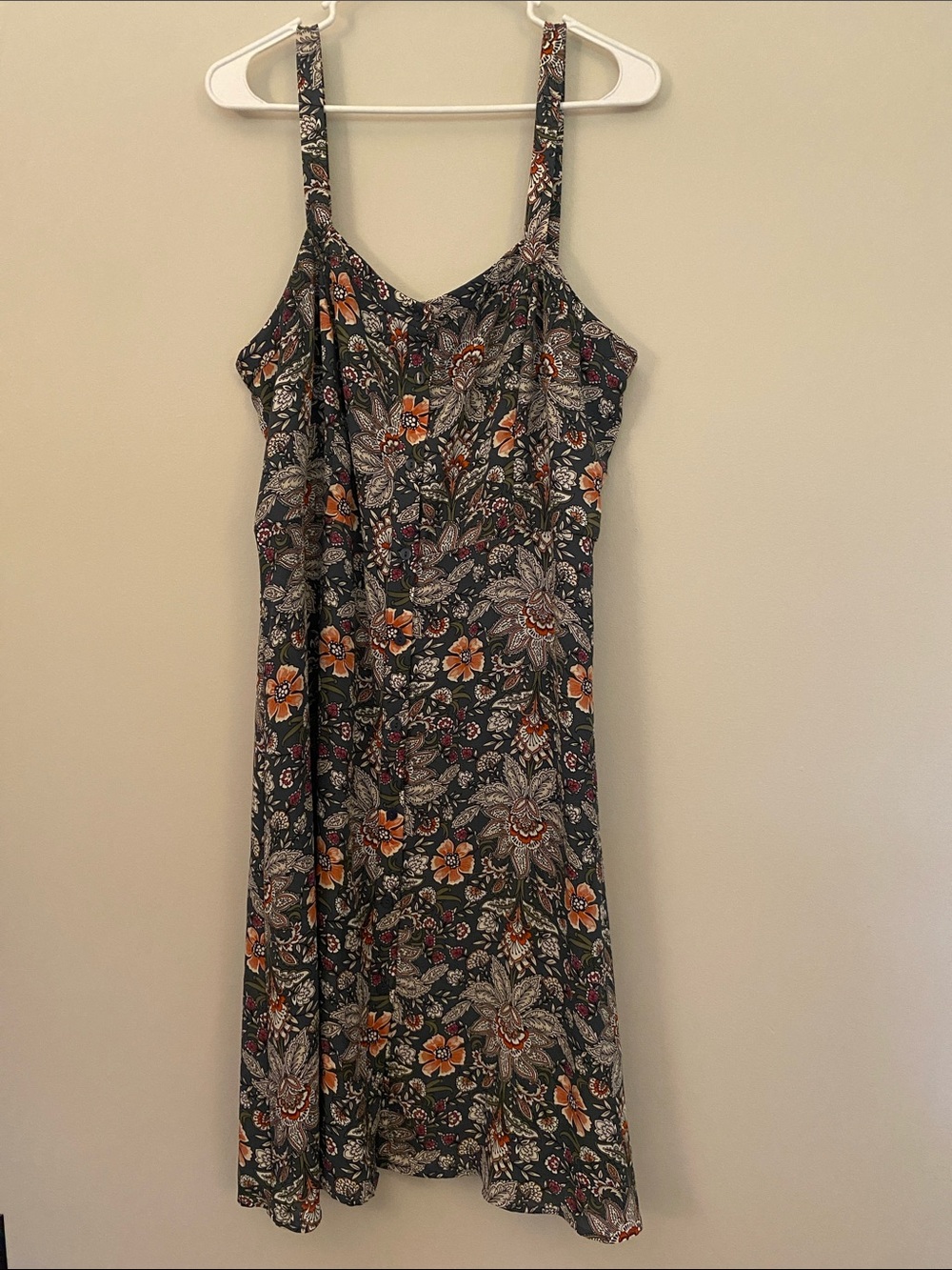 LOFT Black Floral Midi Dress with Orange Accents